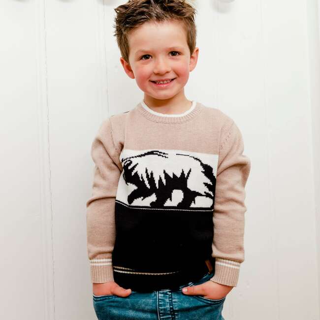 Jacquard Knit Top, Beige Black And White With Bear Print - Sweaters - 3