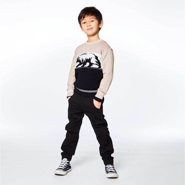 Jacquard Knit Top, Beige Black And White With Bear Print - Sweaters - 4