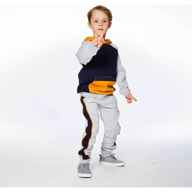 Fleece Sweatpants With Quilting, Light Heather Grey And Navy - Sweatpants - 4