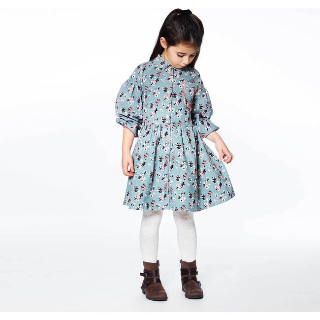 Long Sleeve Baby Corduroy Dress, Green With Printed Flowers - Dresses - 3