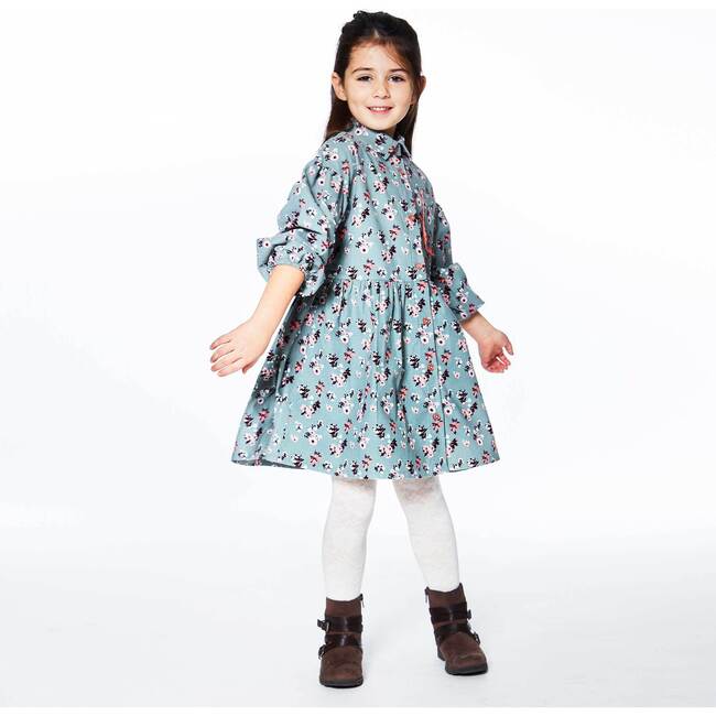 Long Sleeve Baby Corduroy Dress, Green With Printed Flowers - Dresses - 4