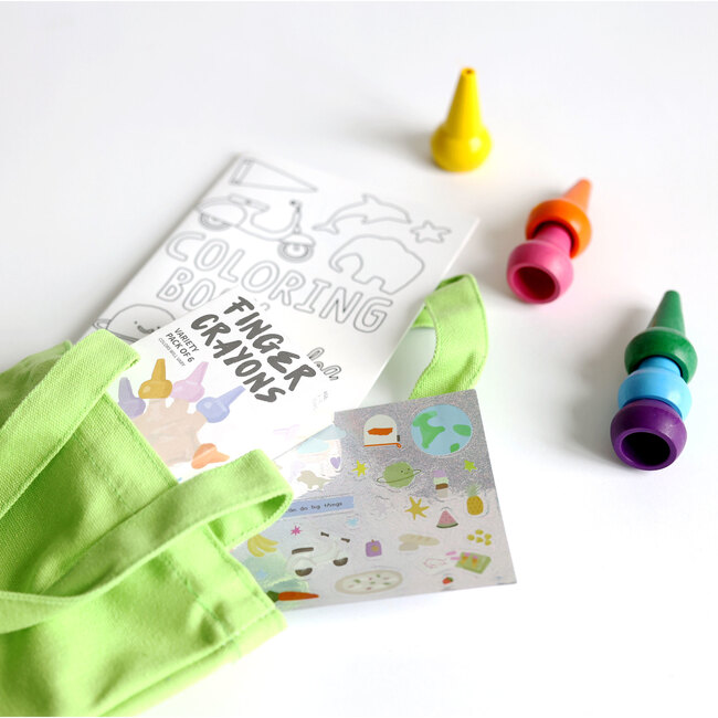 Non-Toxic Finger Crayons With Coloring Book, Stickers + Tote, Green