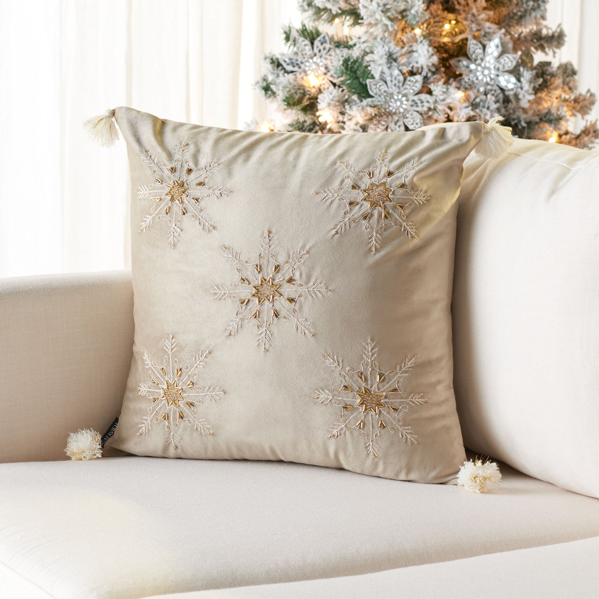 Beige Snowflake Christmas Throw Pillow