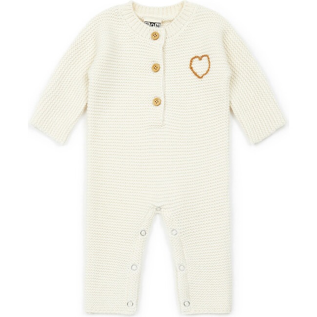 Heart Knit Baby Jumpsuit, Cream