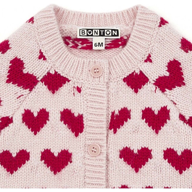 Knit Allover Hearts Baby Cardigan, Red - Sweaters - 3