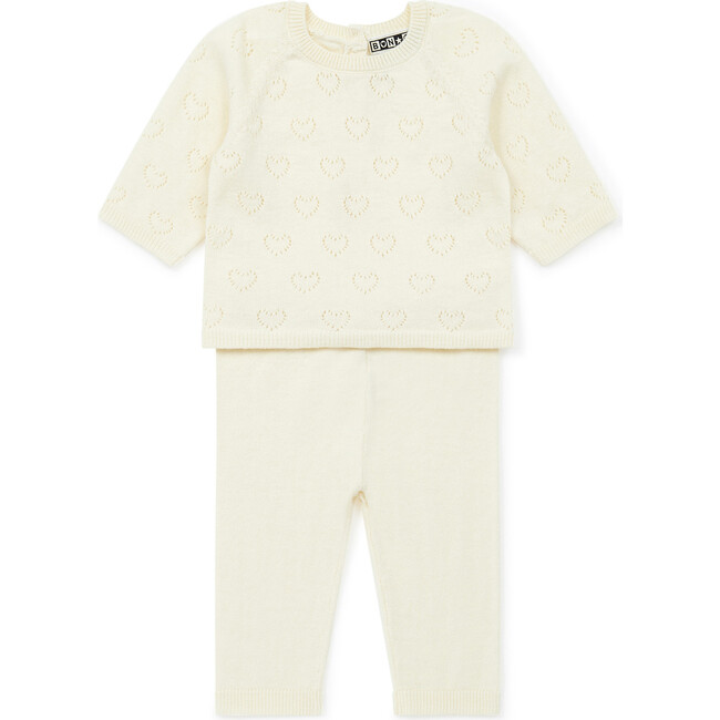 Openwork Hearts Cotton-Cashmere Knit Baby Set, Cream