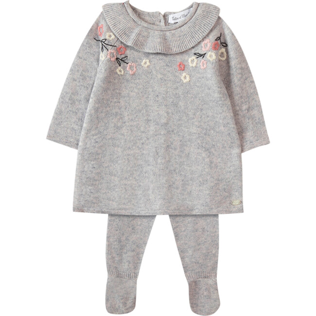 Floral Knit Baby Dress Set, Grey - Dresses - 1