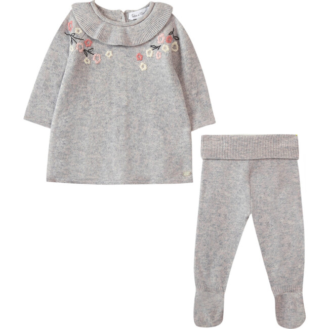Floral Knit Baby Dress Set, Grey - Dresses - 2