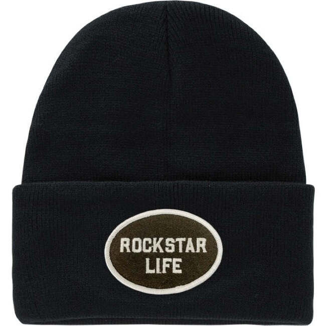Rockstar Life Embroidered Patch Knit Beanie, Black
