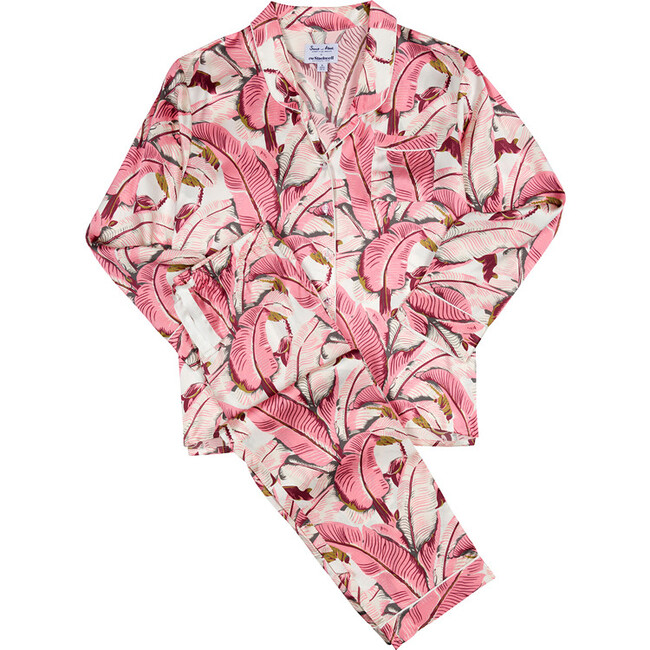 Women's Silk Banana Leaf Pajama Shirt & Pant Set, Pink - Pajamas - 1