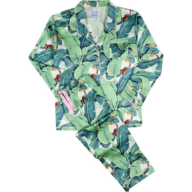 Women's Silk Banana Leaf Pajama Shirt & Pant Set, Green