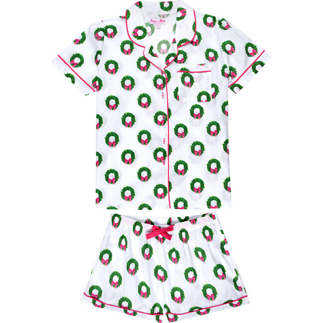 Women's Wreath Short Sleeve Shirt and Boxer Set, Green - Pajamas - 1