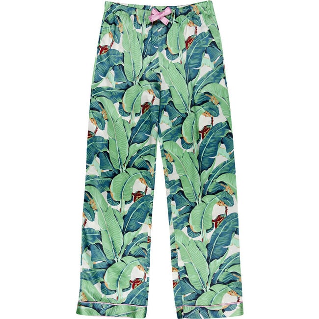 Women's Silk Banana Leaf Pajama Shirt & Pant Set, Green - Pajamas - 3