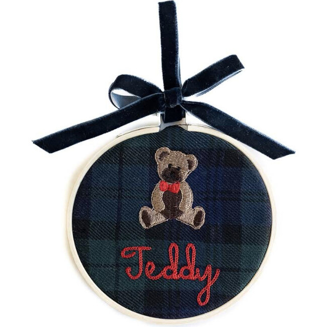 Custom Embroidered Teddy Bear Ornament, Blue Plaid