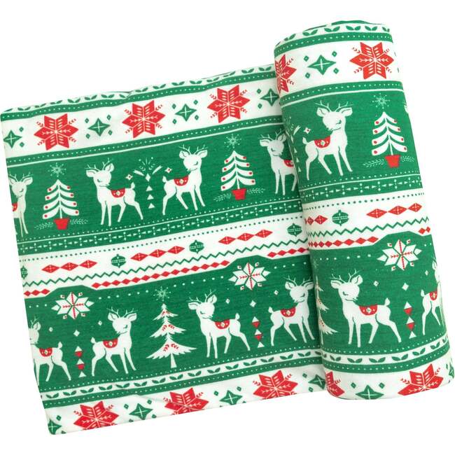 Vintage Deer Fair Isle Jolly Green Swaddle Blanket, Multicolor