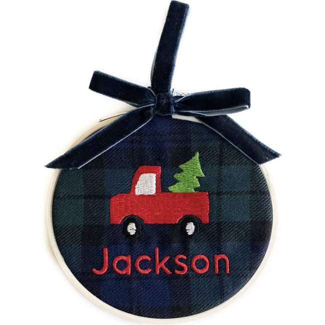Custom Embroidered Holiday Truck Ornament, Blue Plaid