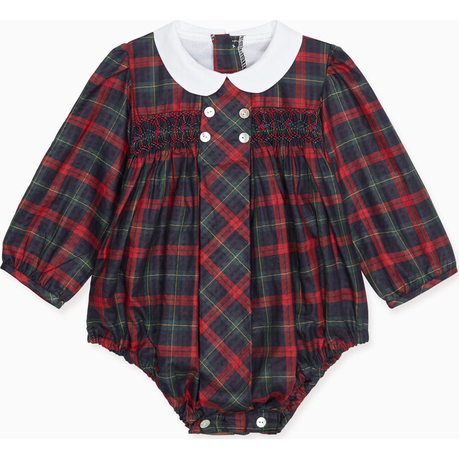 Dolores Baby Smock Romper Suit, Navy Tartan - Rompers - 1