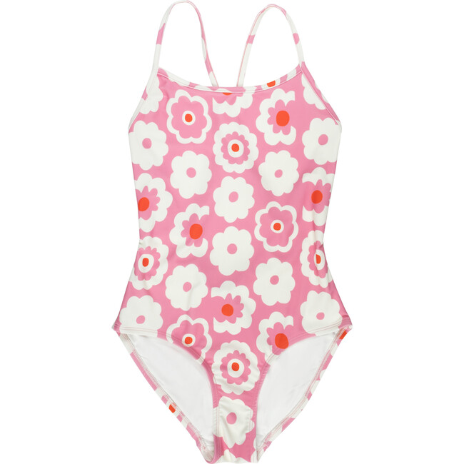 Women's Martina One Piece Swimsuit, Pink & Cream Retro Floral - One Pieces - 1