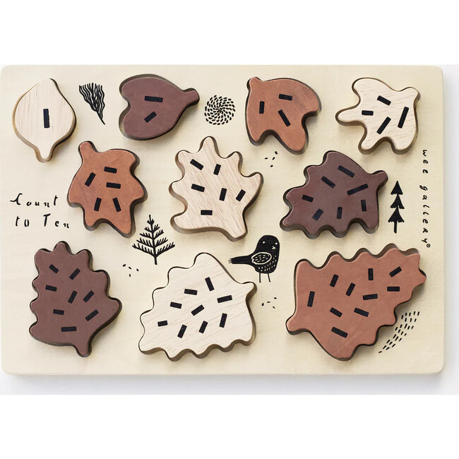 WOODEN TRAY PUZZLE - COUNT TO 10 LEAVES, Brown