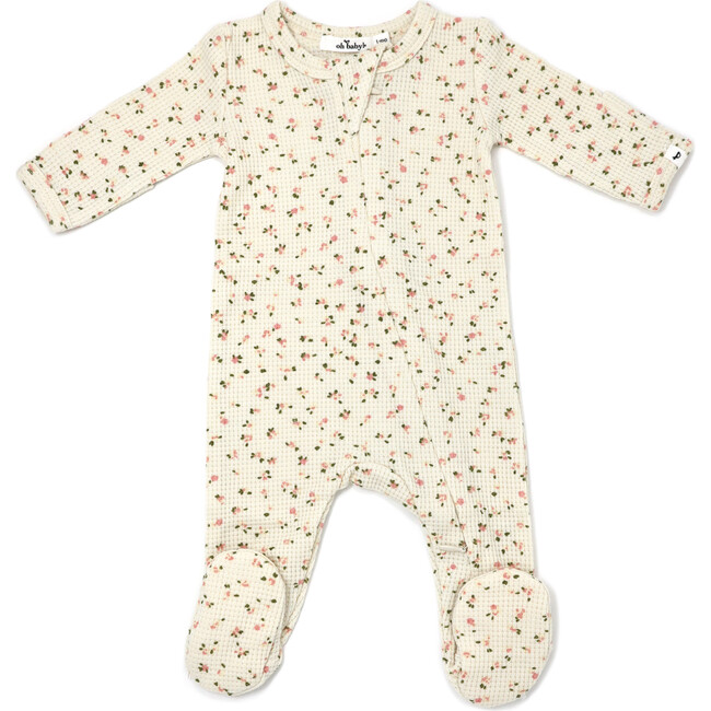 Two Way Zipper Footie in Roses Print Waffle, Cream