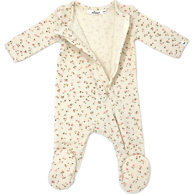 Two Way Zipper Footie in Roses Print Waffle, Cream