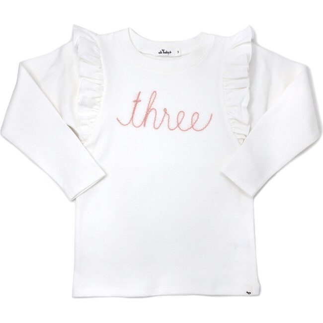 Millie Long Sleeve Tee in 'three' Pink Eyelash Writing, Cream - T-Shirts - 1