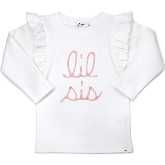 Millie Long Sleeve Tee in 'lil sis' Pink Eyelash Writing, Cream - T-Shirts - 1