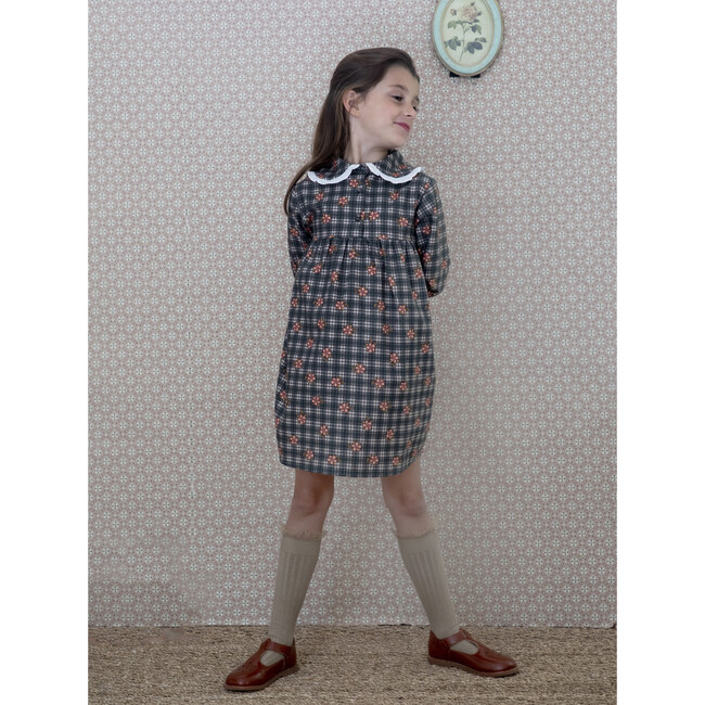 Fazo Round Collar Dress With Ruffled Cuffs, Floral Plaid - Dresses - 2