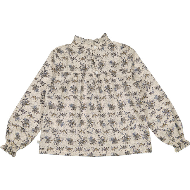 Margaret Ruffled Collar Blouse, Blue Grey Flower - Blouses - 9