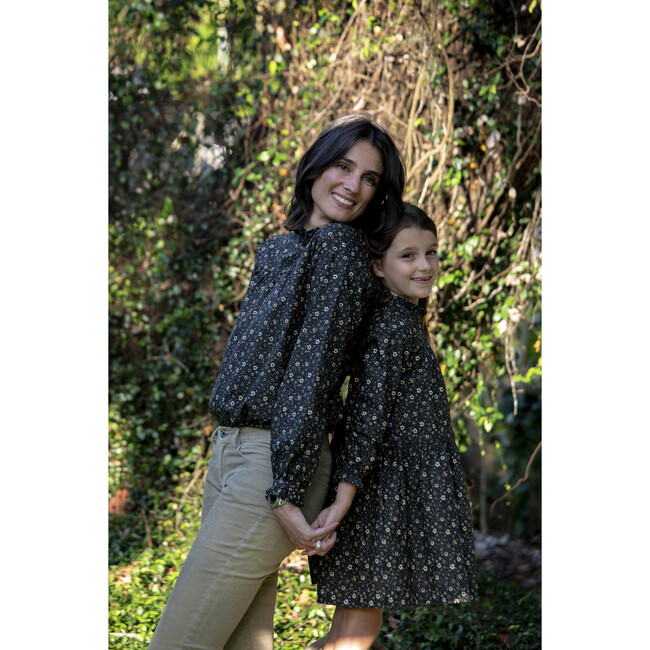 Women's Margaret High Collar Blouse With Ruffled Cuffs, Graphite Flower - Blouses - 4