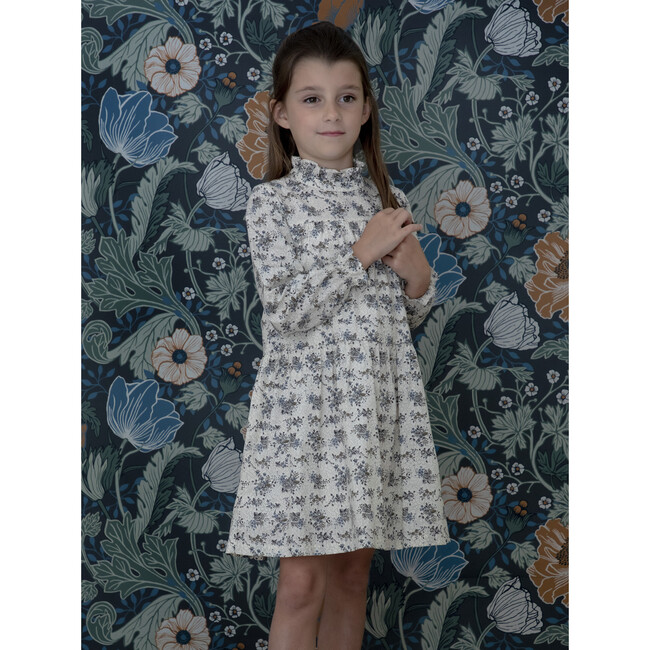 Elisabeth Ruffled Collar Dress, Blue Grey Flower - Dresses - 4