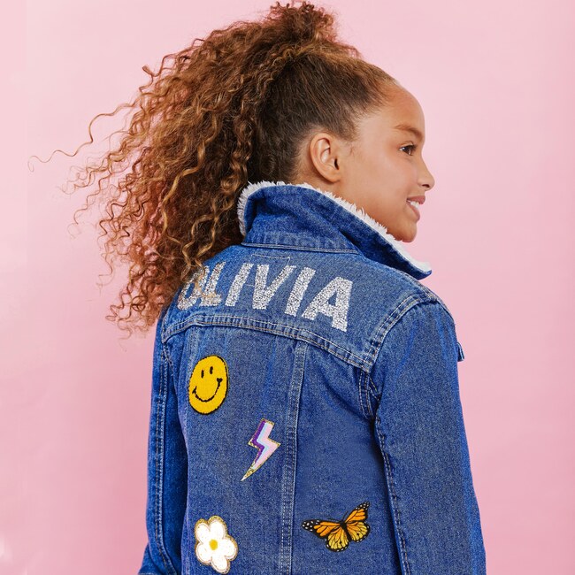 Custom Dark Blue Sherpa Denim Jacket, Glitter - Denim Jackets - 2