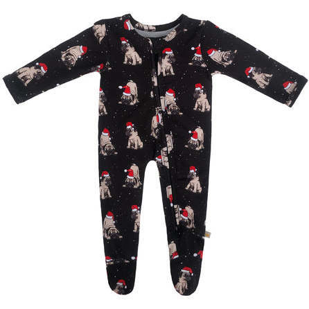 Christmas Pup Bamboo Zippered Footed Onesie, Black