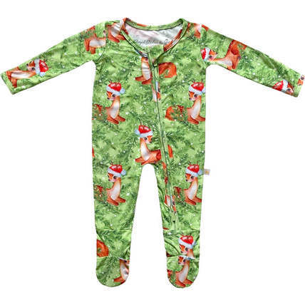 Fawns Through The Snow Christmas Holiday Bamboo Zipper Footed Onesie, Green
