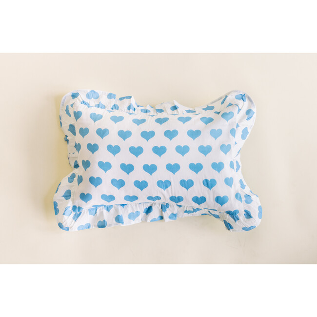 Cotton Ruffle Pillow, Blue Hearts
