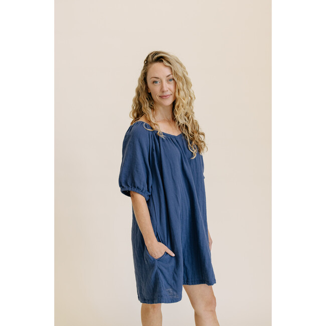 Women's Cotton Gauze House Dress, Indigo - Dresses - 4