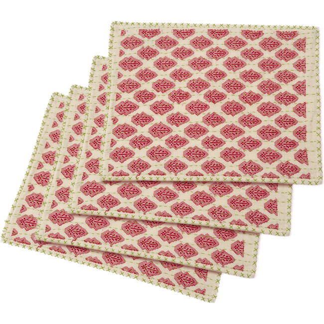 Artisan Hand Loomed Place Mat Set, Red With Green Stitching