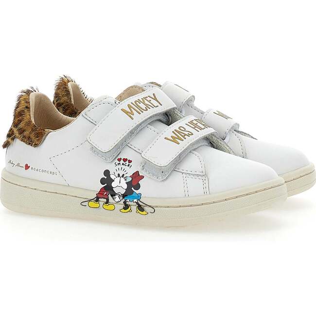 Mickey + Minnie Leopard Tab Velcro Sneakers, White - Sneakers - 1