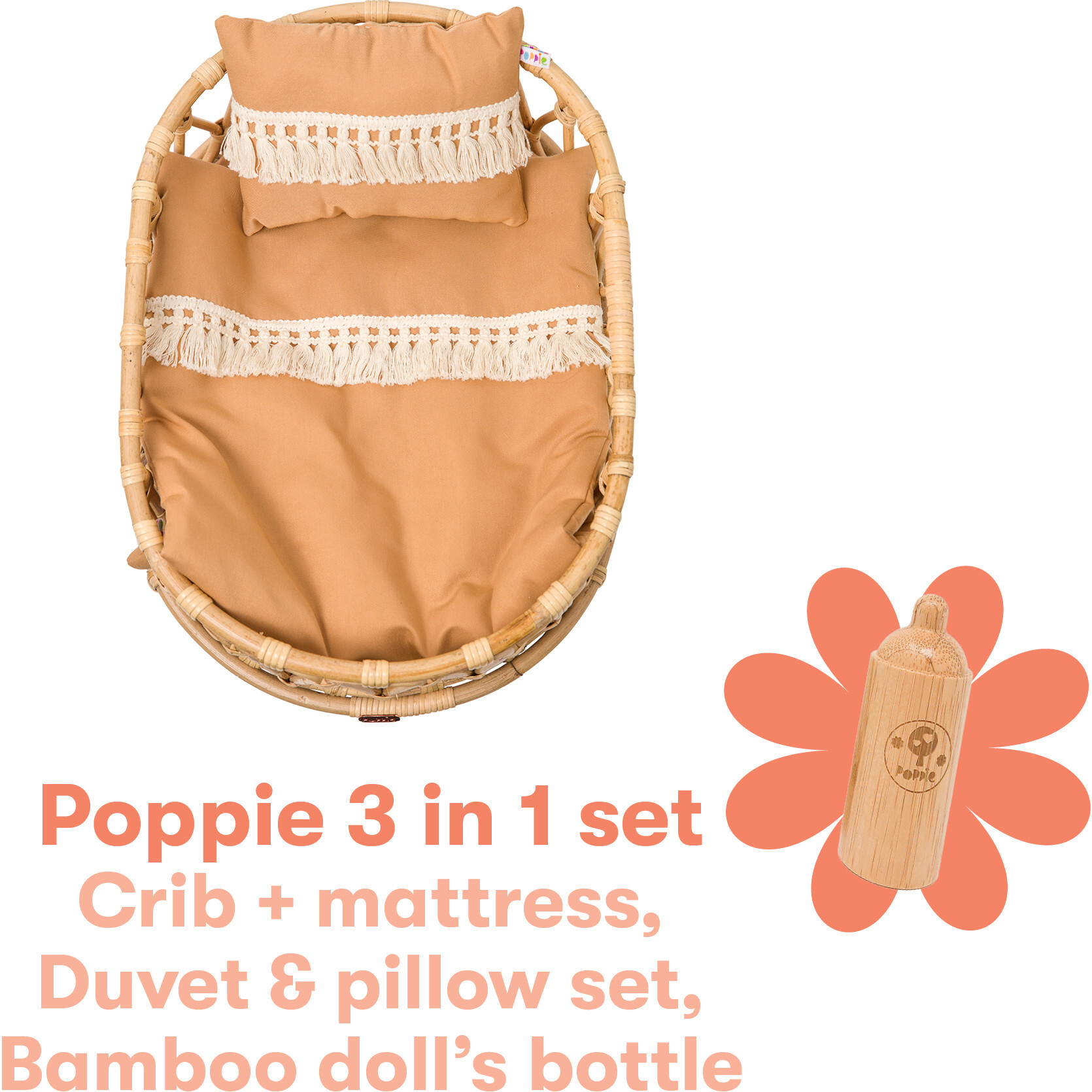3-in-1 Rattan Doll Crib Set, Clay - Doll Accessories - 1