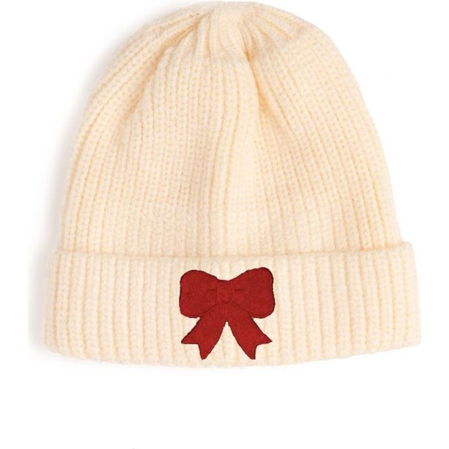 Red Bow Knit Beanie, Natural