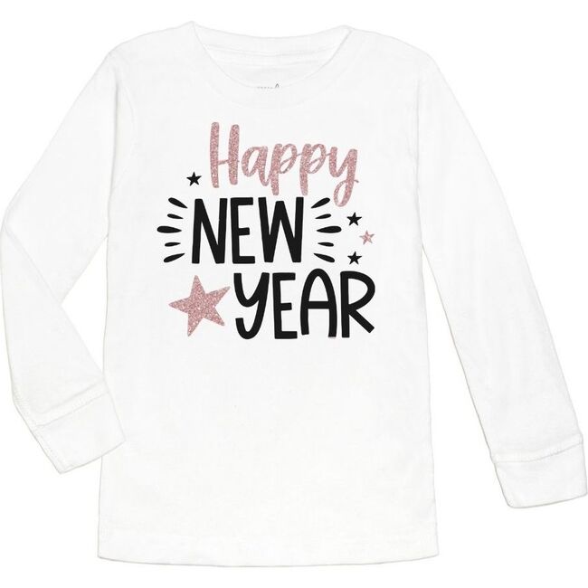 Happy New Year Long Sleeve Shirt, White, Pink & Black - Shirts - 1