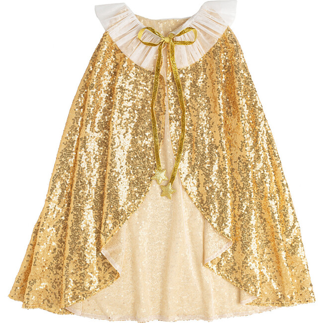 Sequin Tulle Cape With Glitter Neck-Tie, Gold - Costume Accessories - 1