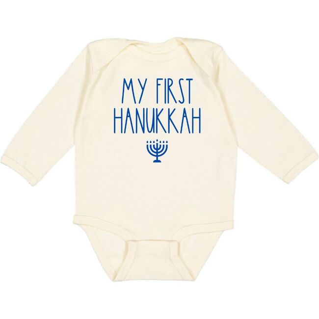 My First Hanukkah Long Sleeve Bodysuit, Natural & Blue - Bodysuits - 1