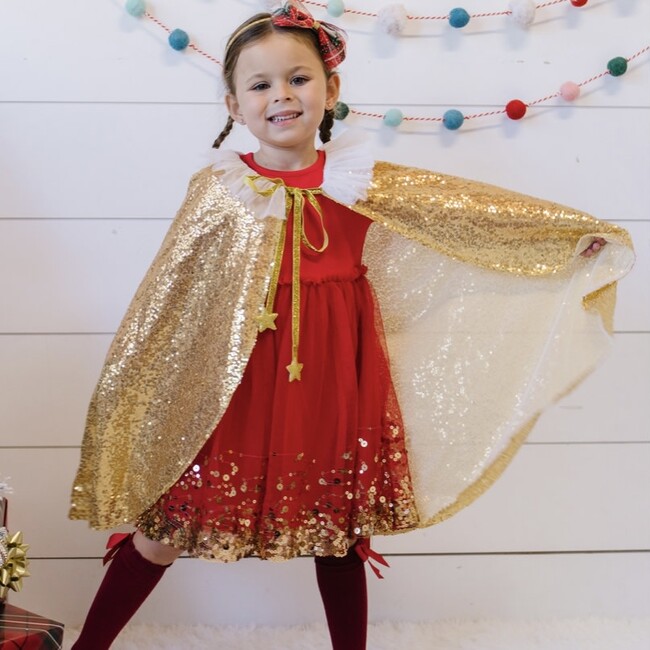 Sequin Tulle Cape With Glitter Neck-Tie, Gold