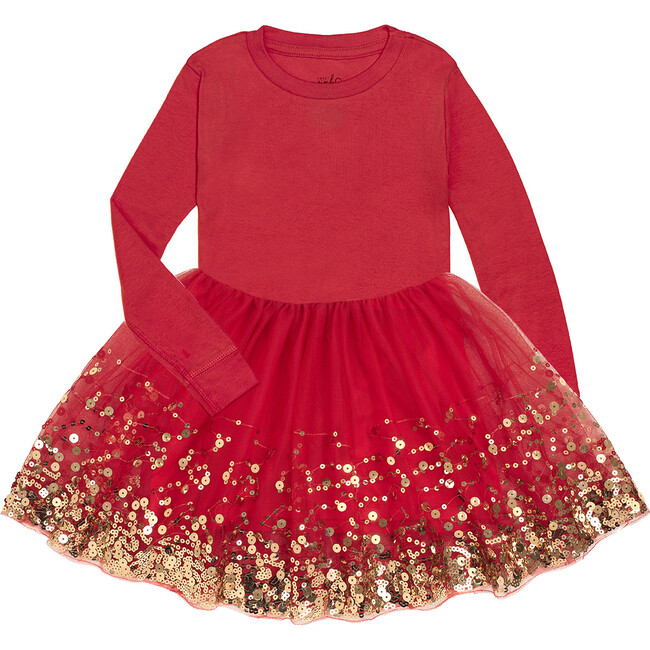Sequin Long Sleeve Dress, Red - Dresses - 1