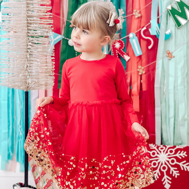 Sequin Long Sleeve Dress, Red - Dresses - 4