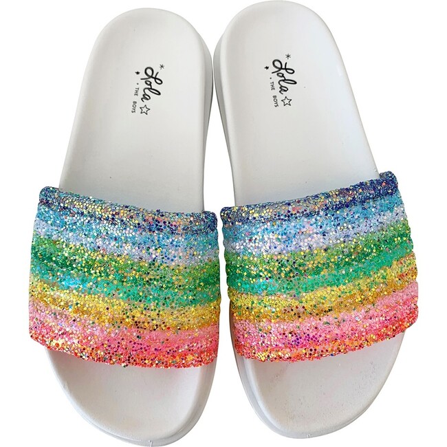 Glitter Rainbow Slides, White - Slip Ons - 1