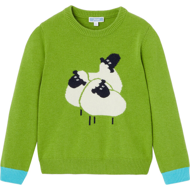 Intarsia Sheep Sweater, Olive Green - Sweaters - 1