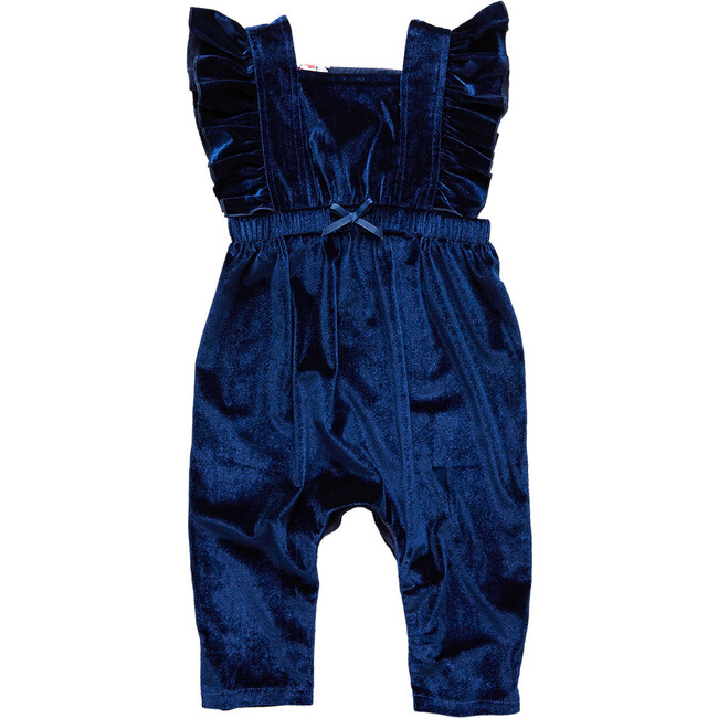 June Velour Jumpsuit With Ruffled Trim, Navy