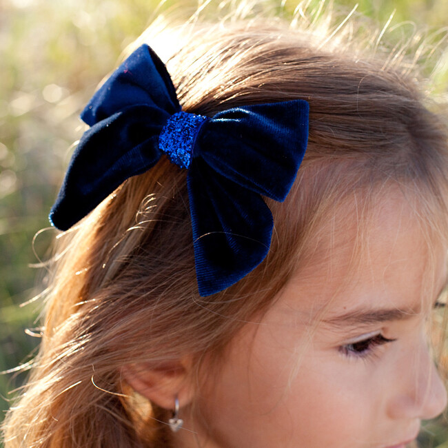 Velour Holiday Bow With Removable Alligator Clip, Navy